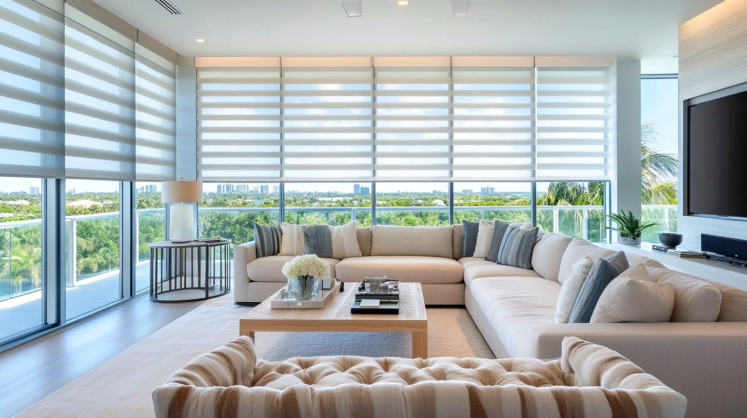 Modern dining room with custom roller shades