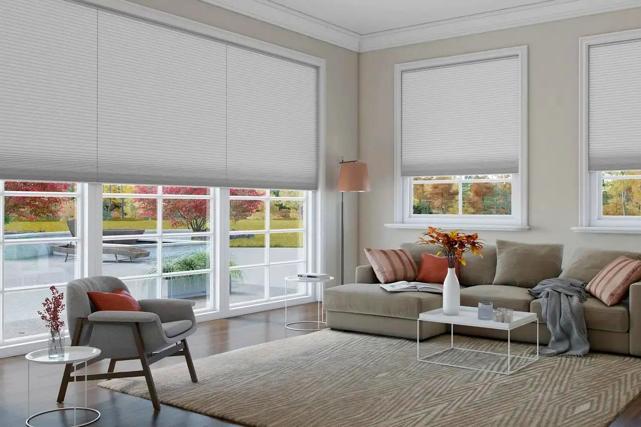 Honeycomb cellular shades in a bright living room