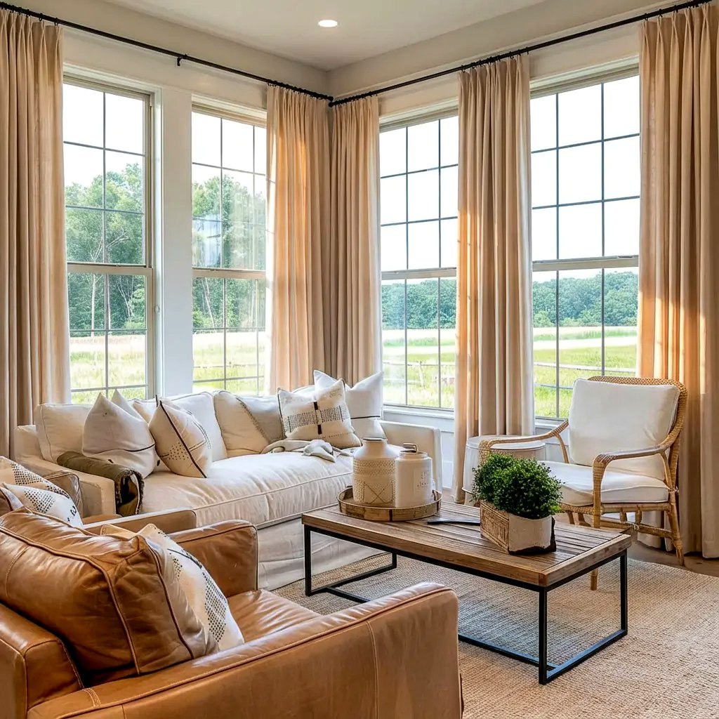 Warm cotton drapes on corner windows
