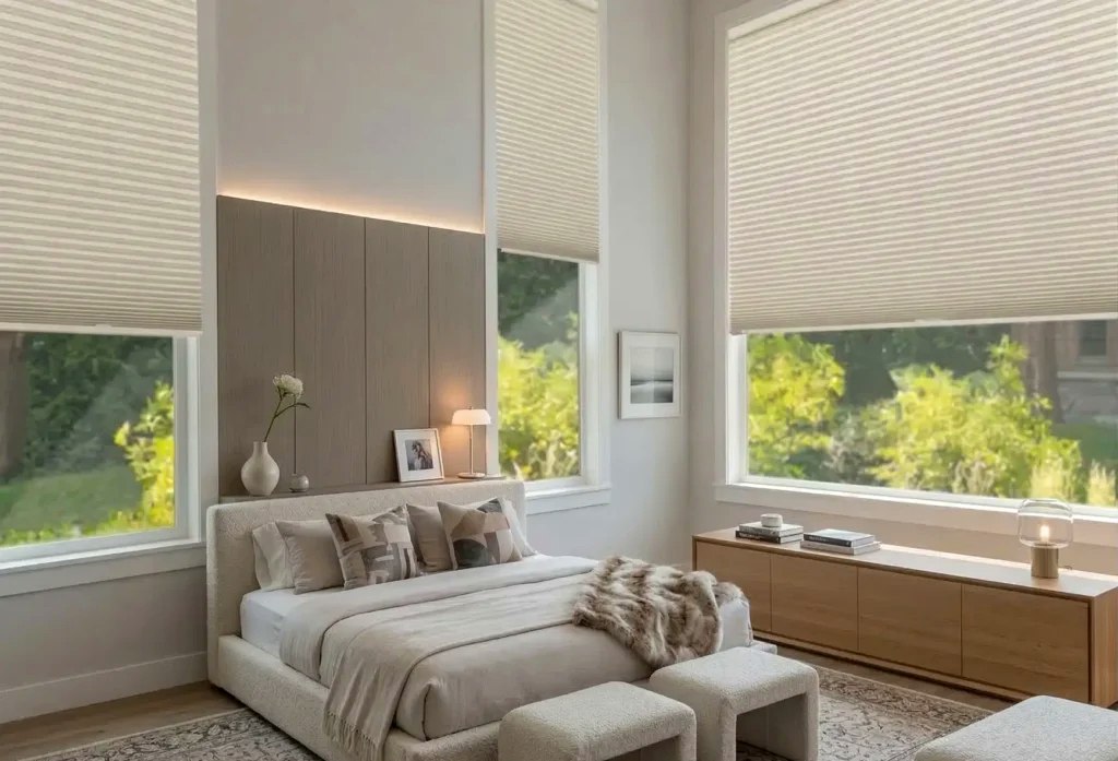 Three cream cellular shades in bedroom