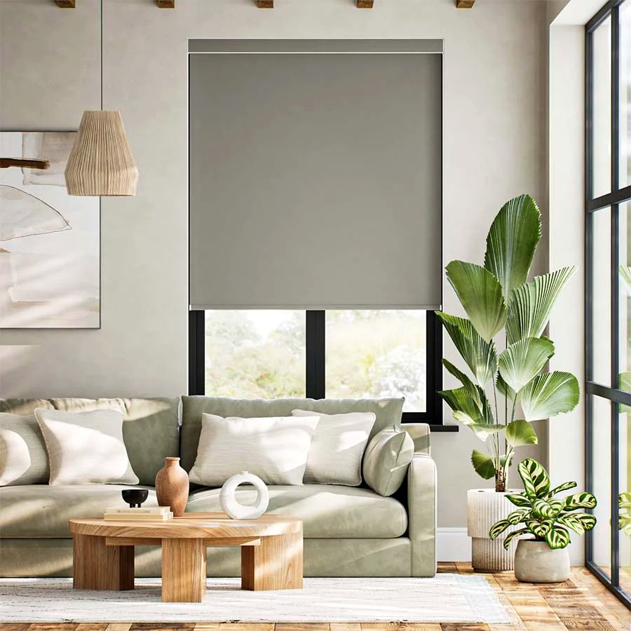 Grey roller shade in modern living room