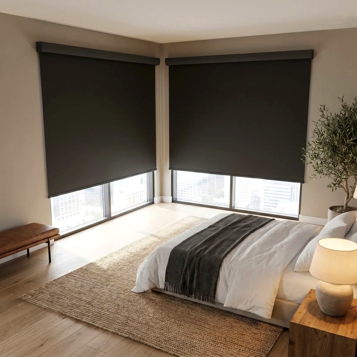 Blackout roller shades in bedroom