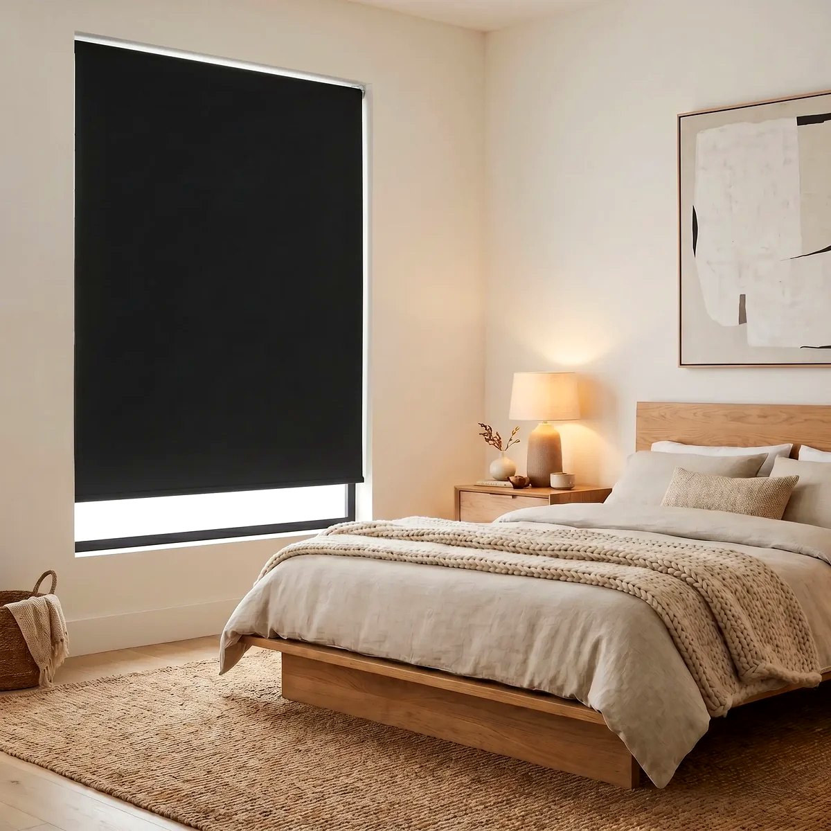 Black roller shade in neutral bedroom
