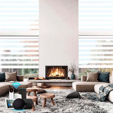 Motorized zebra blinds by fireplace